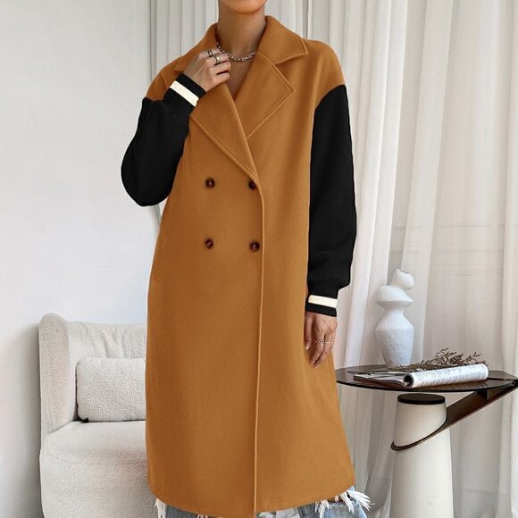 Multicolor Casual Womens Colorblock Drop Shoulder Double Breasted Overco… - Picture 5 of 5